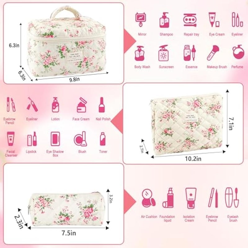 يورسكيتووس مجموعة شنط مكياج مبطنة بالقطن للنساء والفتيات من 3 قطع مقاس L للسفر بتصميم زهور وردية لطيفة، شنطة مكياج لطيفة لتخزين وتنظيم ادوات الزينة - Image 2